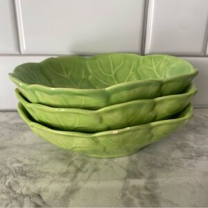 Vintage Green Cabbage Leaf Dishes Set of 3 | Ceramic Bowls | Cottage Kitchen
